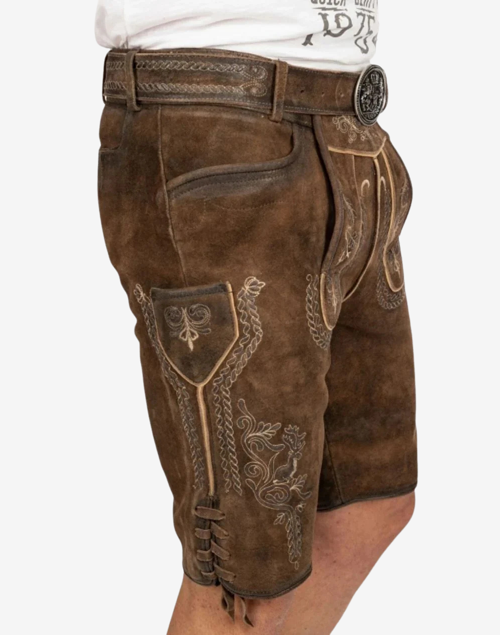 Munich Fest Men Lederhosen side view with stitched side pocket, decorative embroidery, and lace-up leg hem ties