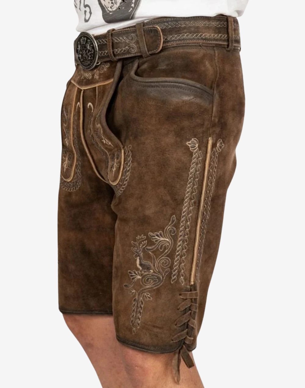 Munich Fest Men Lederhosen angled side view highlighting braided belt, thigh embroidery pattern, and classic leather short cut