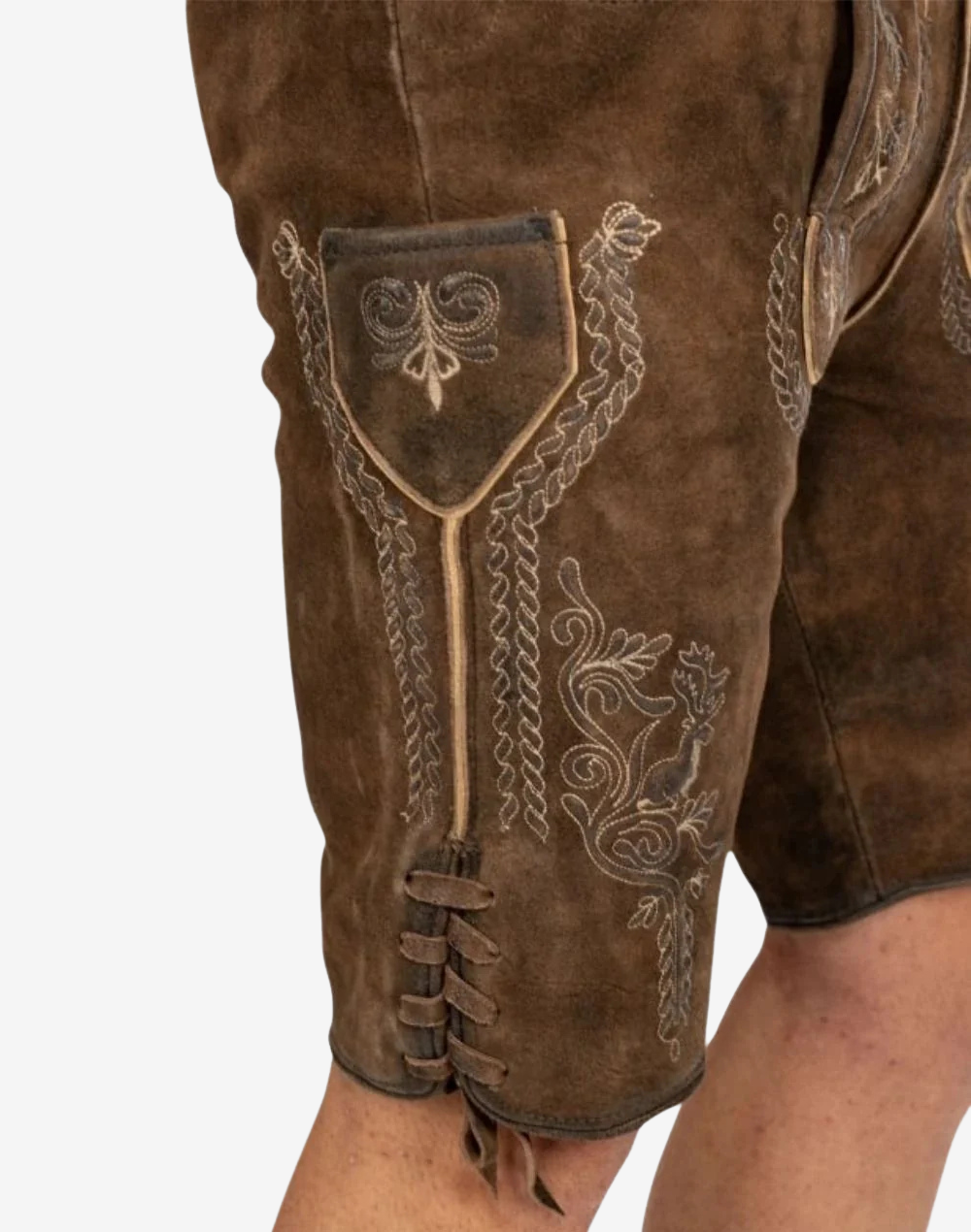 Munich Fest Men Lederhosen close-up of side pocket embroidery and lace-up hem detailing on brown suede leather