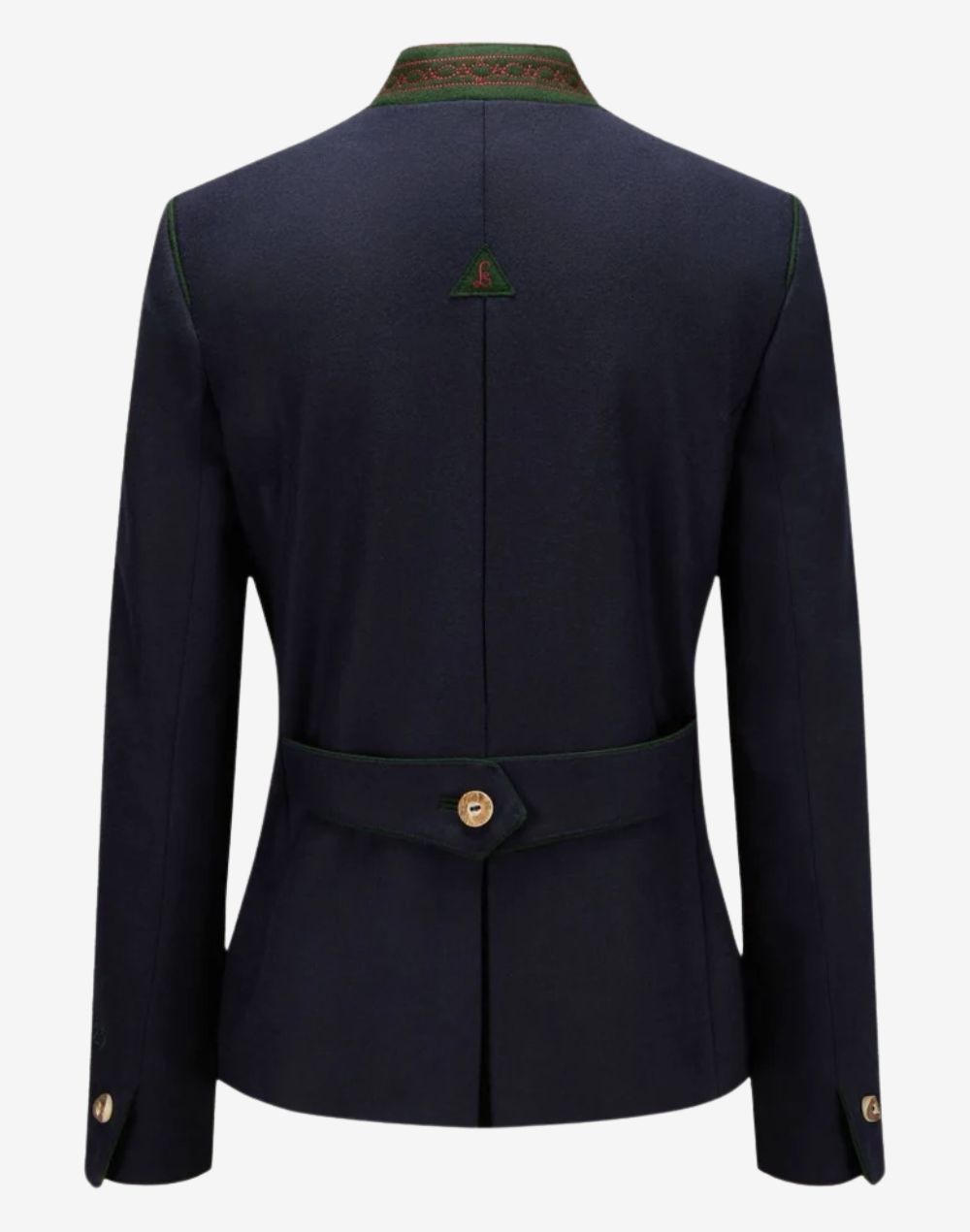 Back view of a women’s navy blue Bavarian-style trachten jacket featuring a tailored fit, embroidered green stand collar, decorative back waist tab with button detail, and traditional Alpine-inspired design.