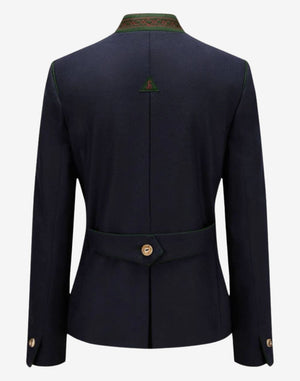 Back view of a women’s navy blue Bavarian-style trachten jacket featuring a tailored fit, embroidered green stand collar, decorative back waist tab with button detail, and traditional Alpine-inspired design.