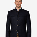 Back view of navy blue Trachten jacket for men showcasing clean silhouette, smooth fabric finish, fitted structure, and classic traditional Bavarian outerwear for Oktoberfest occasions.