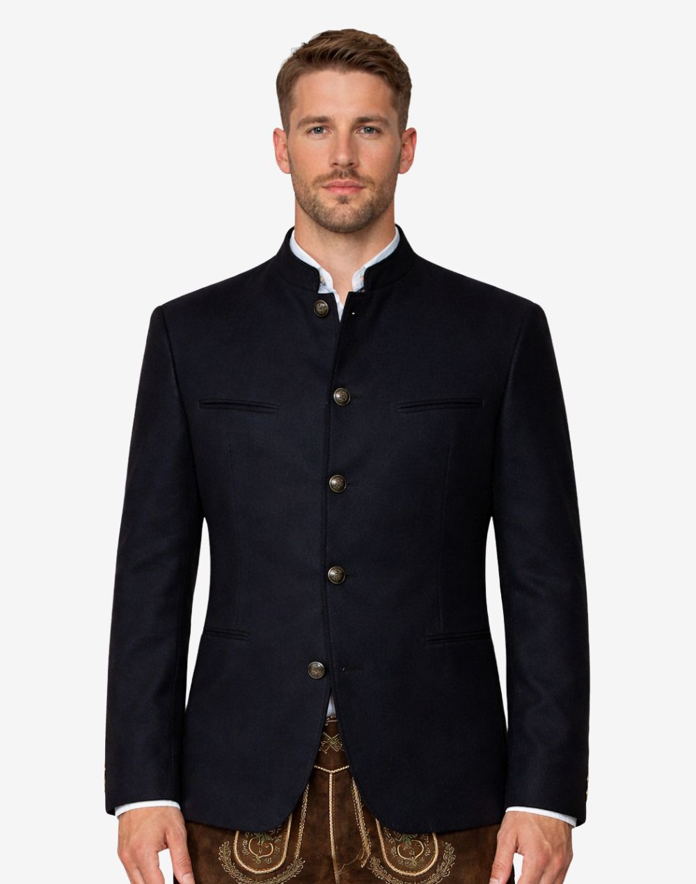Back view of navy blue Trachten jacket for men showcasing clean silhouette, smooth fabric finish, fitted structure, and classic traditional Bavarian outerwear for Oktoberfest occasions.