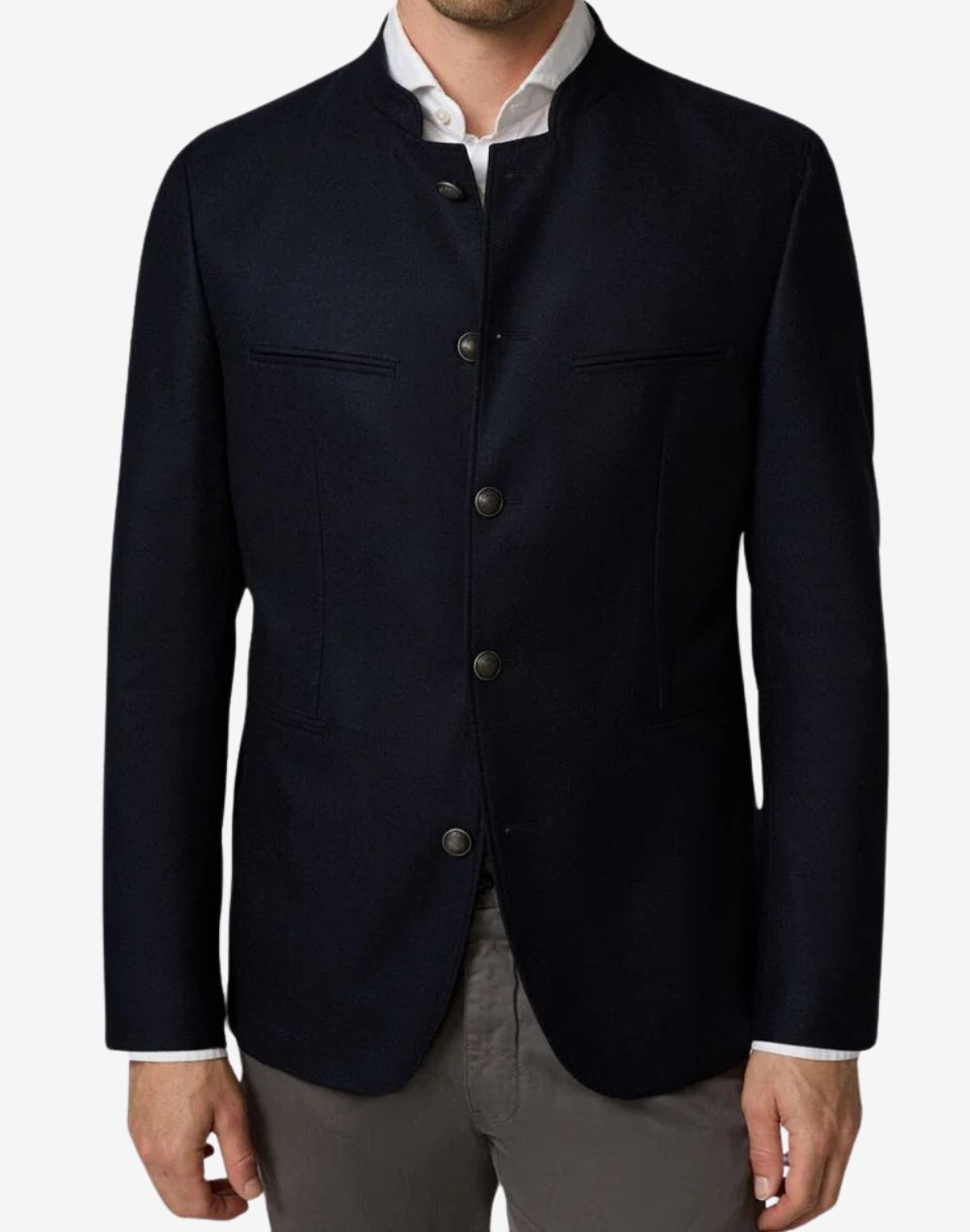 Front view of navy blue Trachten jacket for men featuring traditional Bavarian design, stand collar, classic metal buttons, tailored fit, and elegant Oktoberfest formal styling.