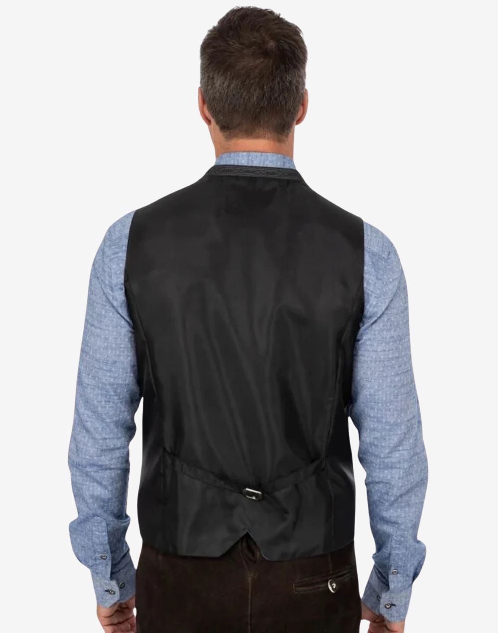 Back view of navy blue wool Trachten vest for men with adjustable strap, smooth lining, and tailored traditional fit.