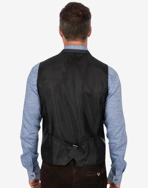 Back view of navy blue wool Trachten vest for men with adjustable strap, smooth lining, and tailored traditional fit.