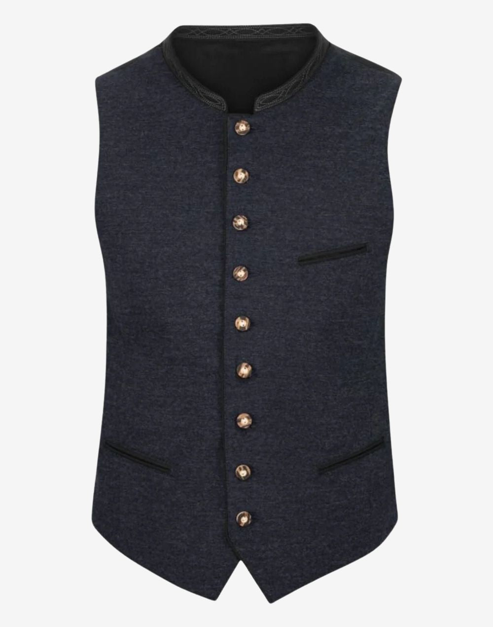 Front view of navy blue wool Trachten vest for men featuring traditional Bavarian design, button closure, and classic Alpine style.