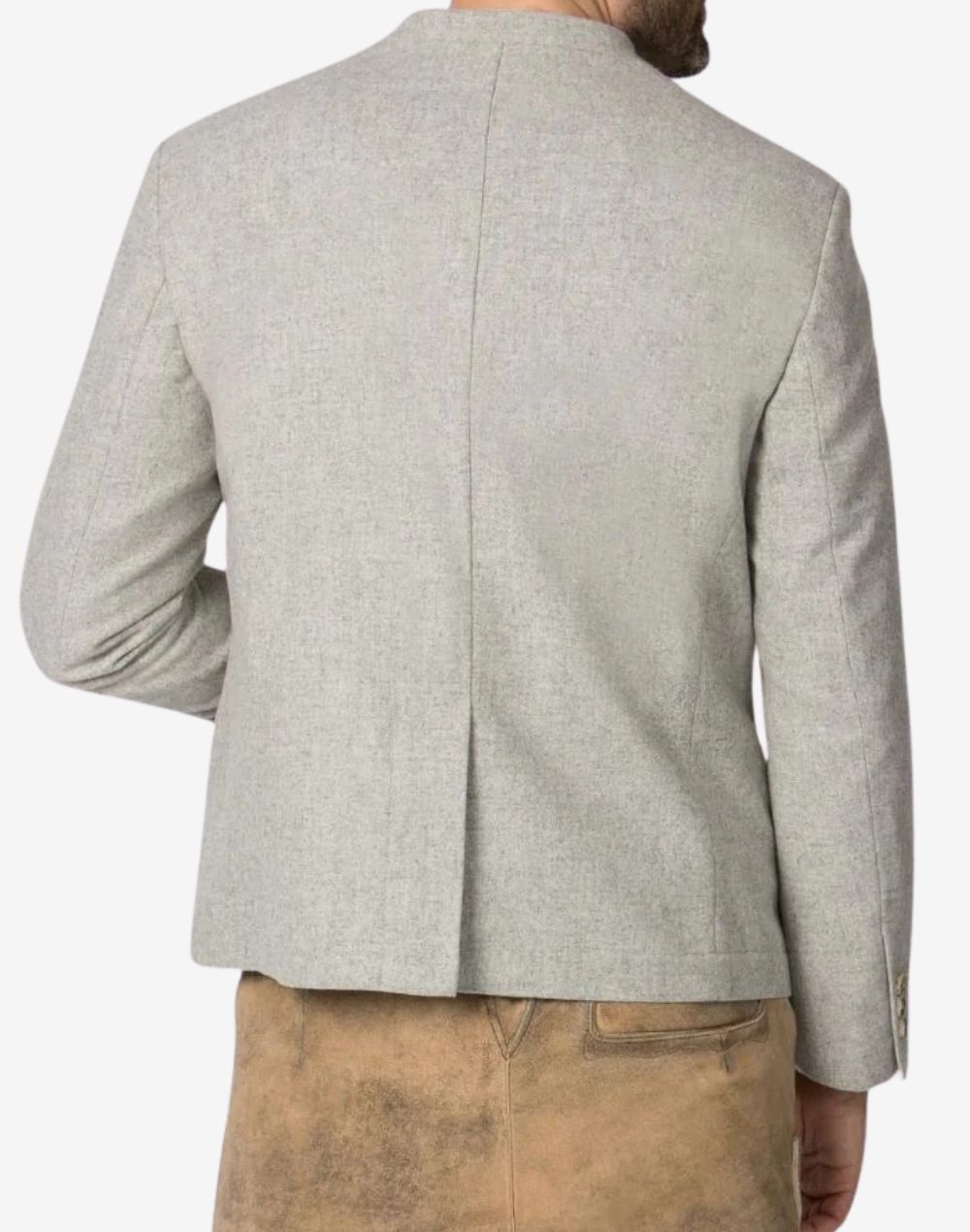 Back view of premium off white wool Trachten jacket showing structured seams and traditional Bavarian Trachten fit.