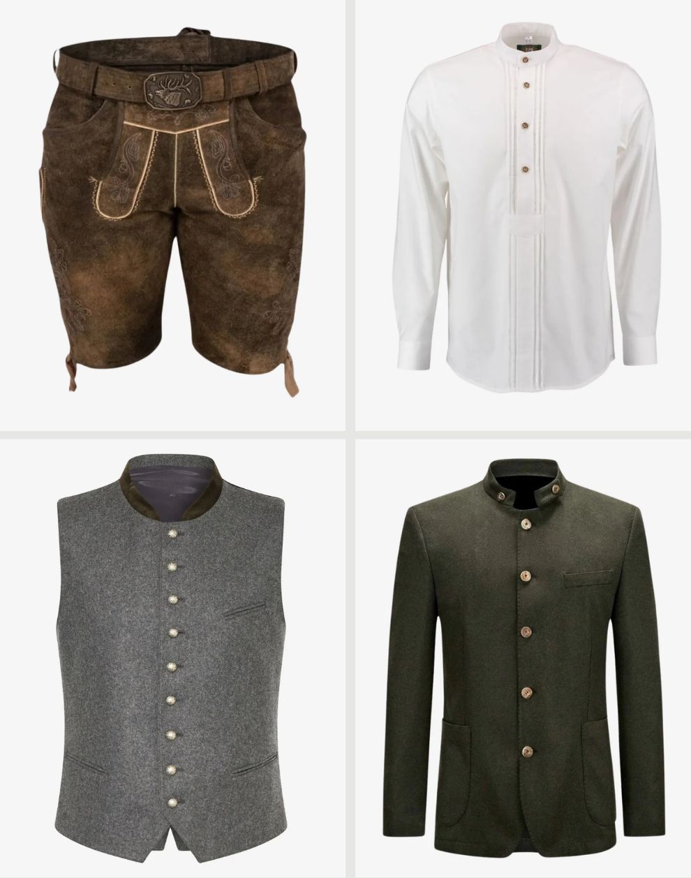 Four pieces of traditional Bavarian clothing including shorts, a shirt, vest, and jacket on a white background.