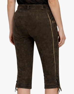 Brown suede pants with gold accents on a white background