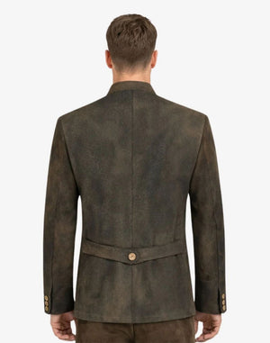 Brown suede jacket worn by a person on a white background