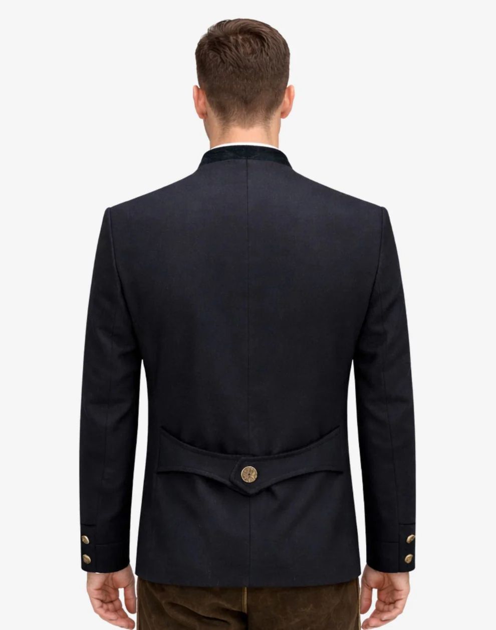 Man wearing a navy blue blazer with gold buttons on a white background