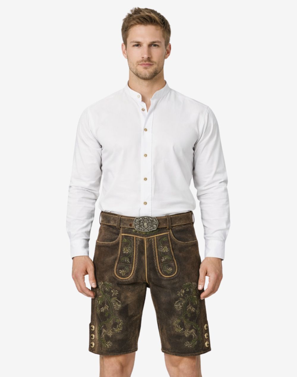 Model wearing Oktoberfest leather shorts for men in dark brown leather with Bavarian embroidery and belt buckle
