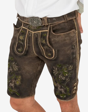 Leather shorts Oktoberfest men, front fit with bib flap, embroidered panels, belt loops, horn buttons