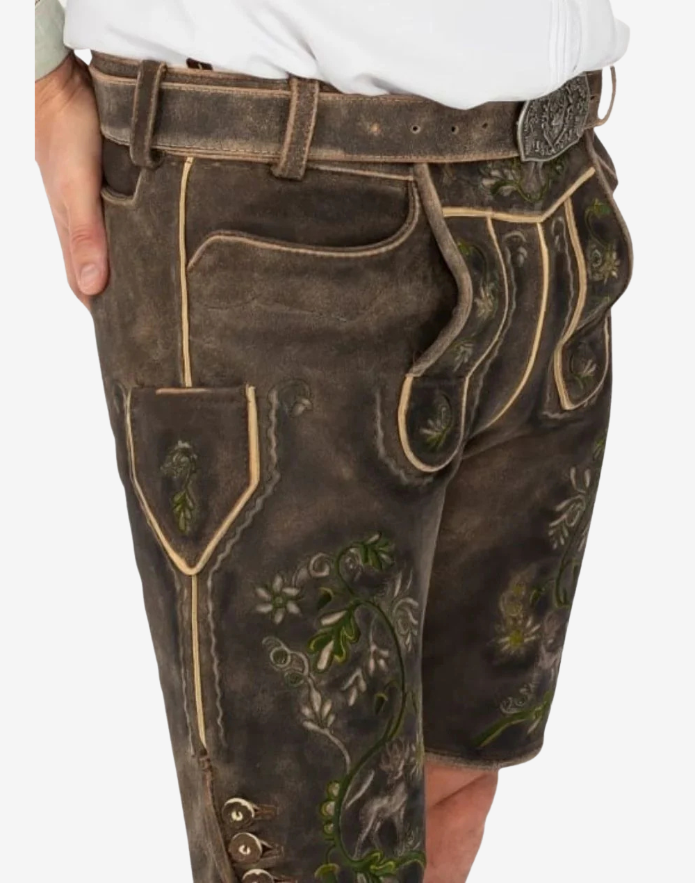 Men Oktoberfest leather shorts, side profile with belt buckle, cargo pocket, green embroidery, buttoned hem