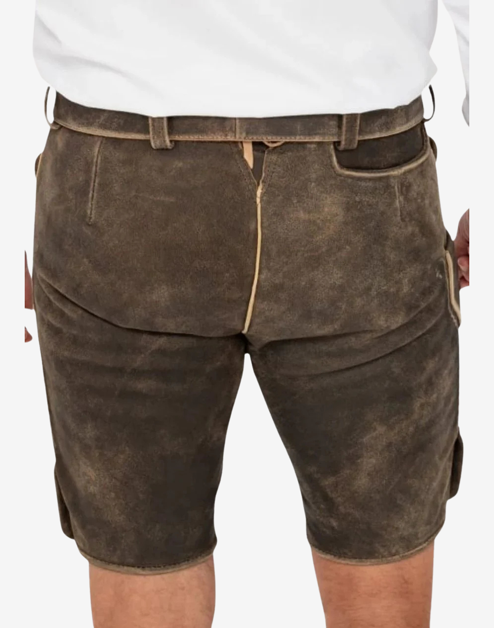 Back view with smooth seat and waistband, Oktoberfest leather shorts for men, knee length cut