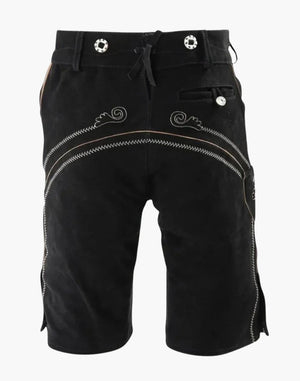 Black shorts with decorative stitching on a white background