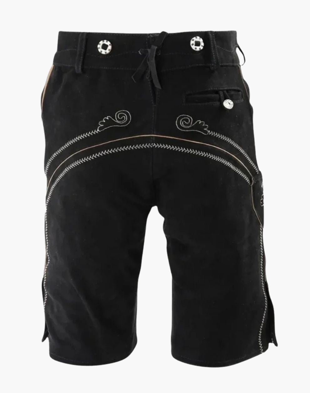 Black shorts with decorative stitching on a white background