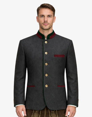 Man wearing a gray blazer with green and red accents on a white background