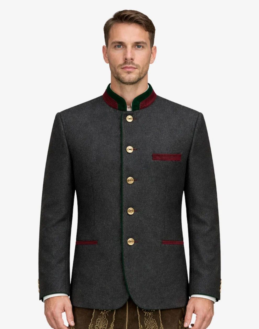 Man wearing a gray blazer with green and red accents on a white background