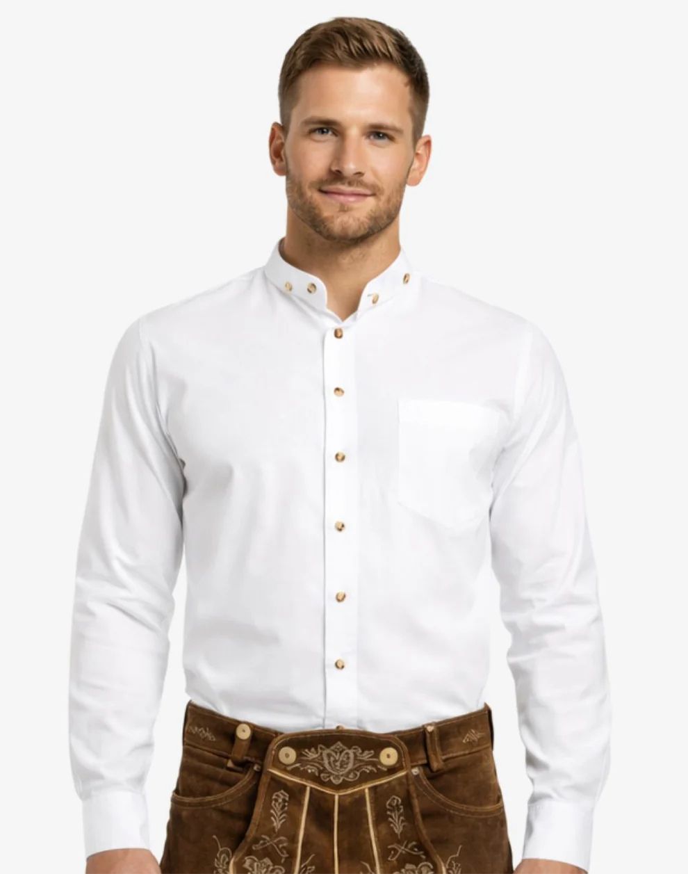 Man wearing a white shirt with gold buttons and brown pants on a white background