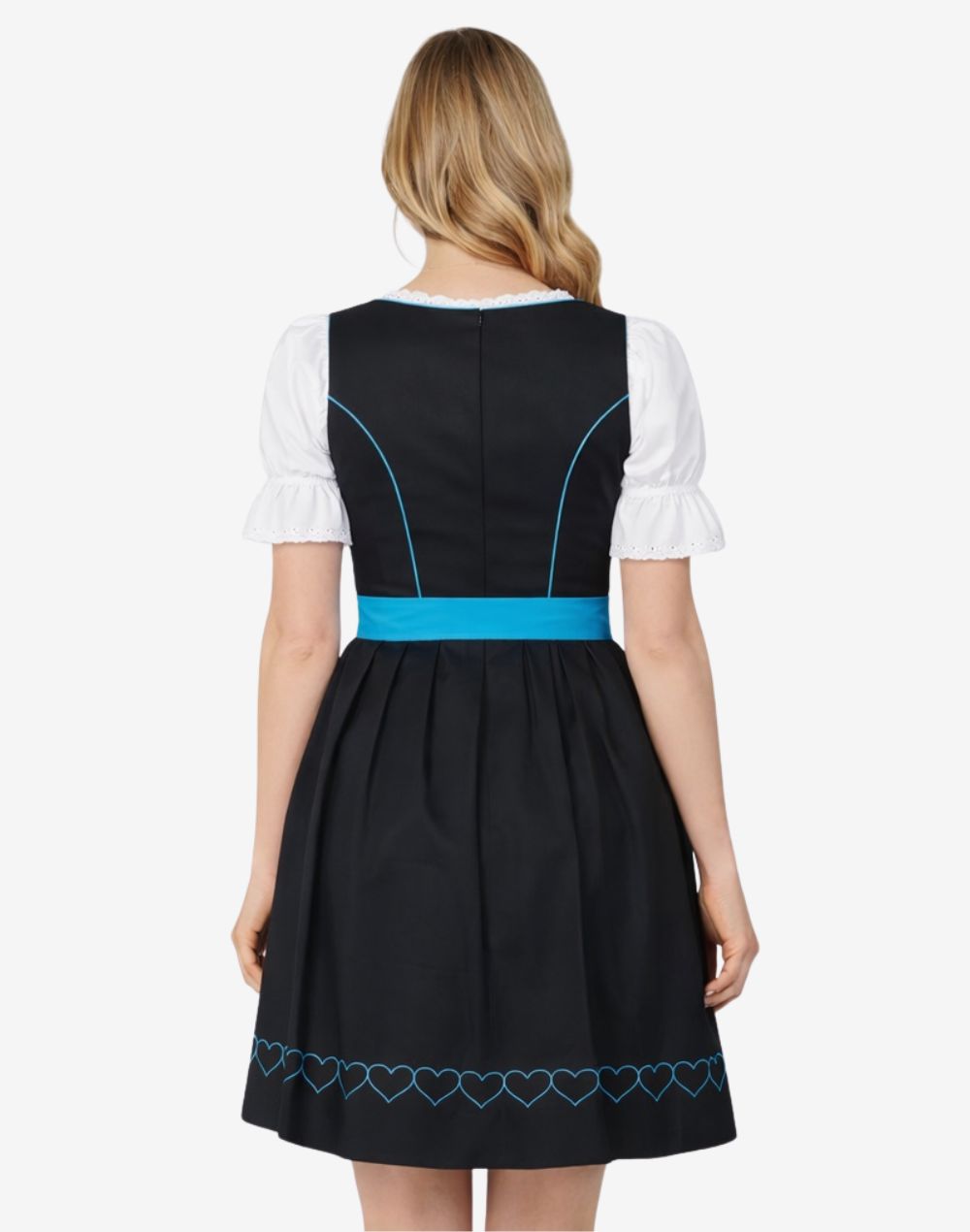 Back view of model wearing Oktoberfest ready dirndl dress showing fitted bodice structure, waist detail and classic alpine fit