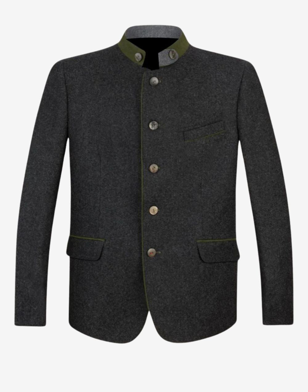 Front view of Oktoberfest ready jacket for men featuring traditional gray wool fabric, alpine buttons and Bavarian tailoring.