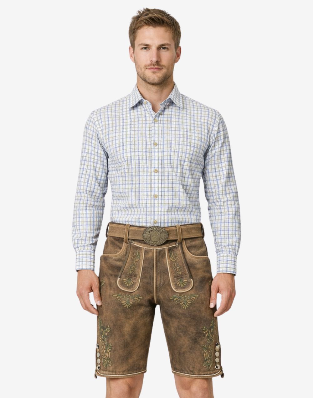 Model wearing Oktoberfest ready lederhosen for men in brown leather with traditional Bavarian embroidery and belt buckle