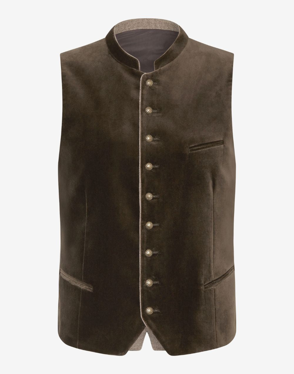 Oktoberfest ready vest for men in vintage brown finish with traditional Trachten buttons and classic Bavarian Alpine styling.