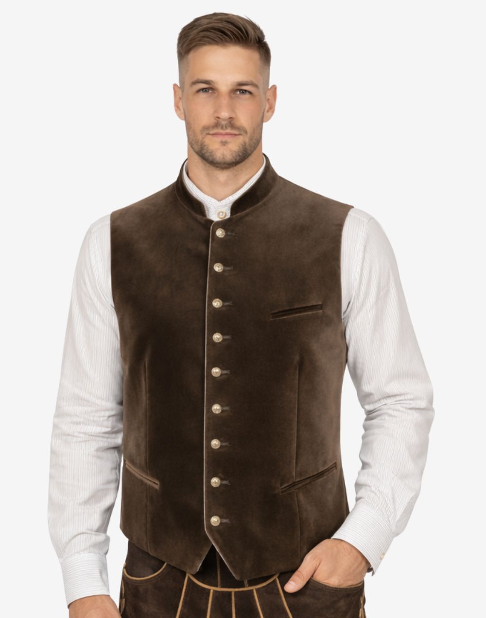 Model wearing Oktoberfest ready vest for men paired with traditional shirt and lederhosen for authentic Bavarian festival outfit.