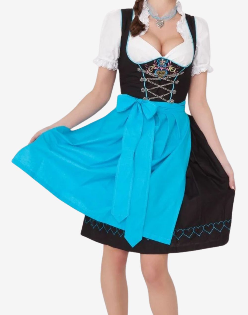 Front view of model wearing Oktoberfest ready dirndl dress featuring black bodice, blue apron bow and traditional alpine styling