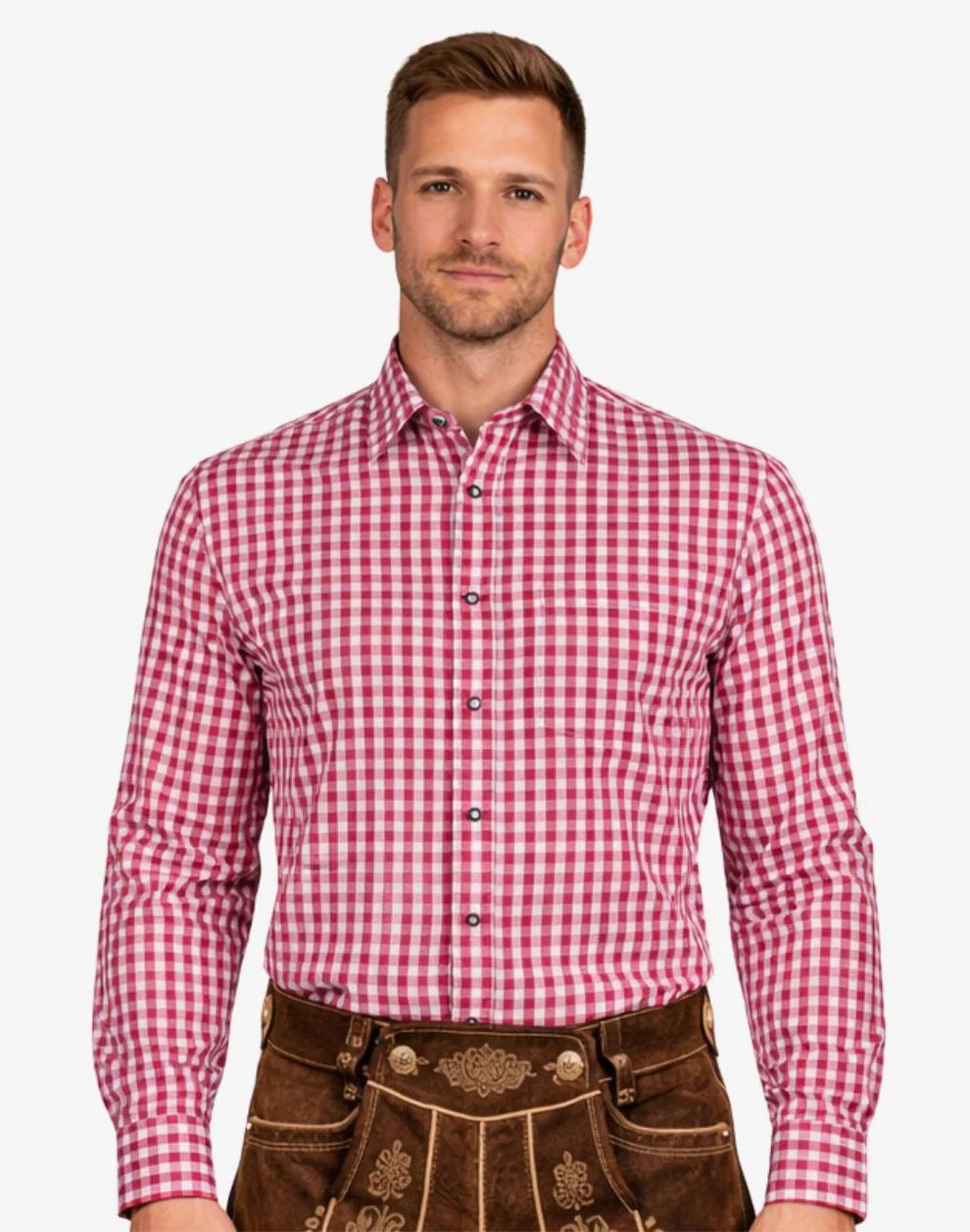 Man wearing a red and white checkered shirt with brown pants on a white background