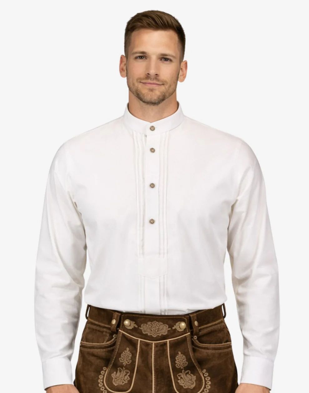 Man wearing a white shirt and brown traditional pants on a white background