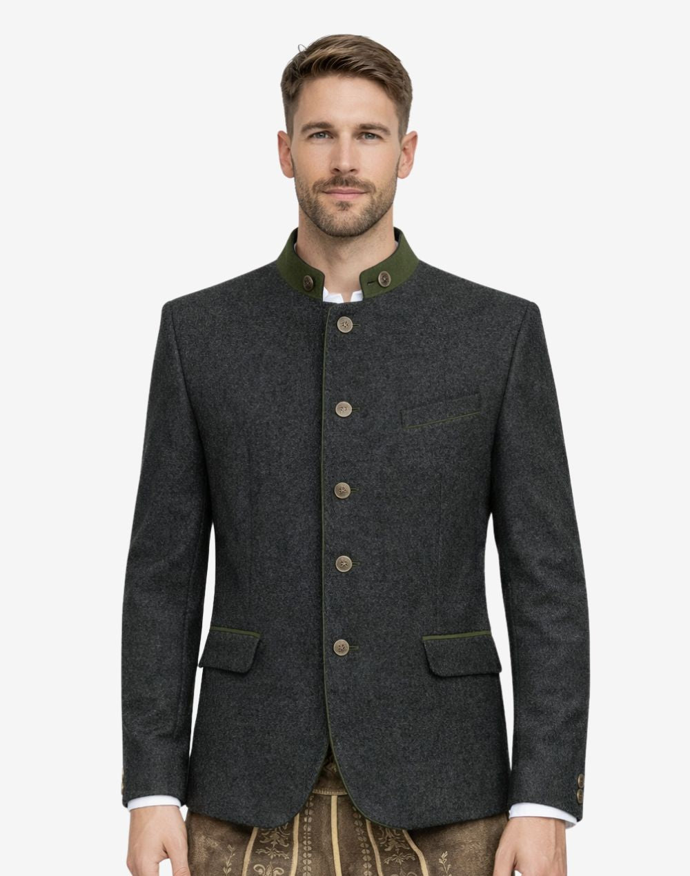 Front of model wearing Oktoberfest Trachten jacket showing traditional buttons, stand collar and authentic alpine design.
