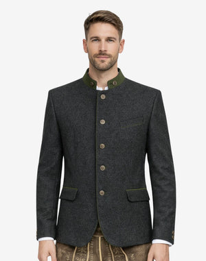 Front of model wearing Oktoberfest Trachten jacket showing traditional buttons, stand collar and authentic alpine design.