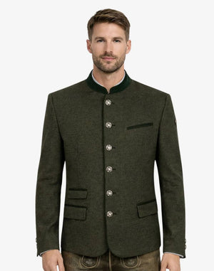 Man wearing a green jacket with buttons on a white background