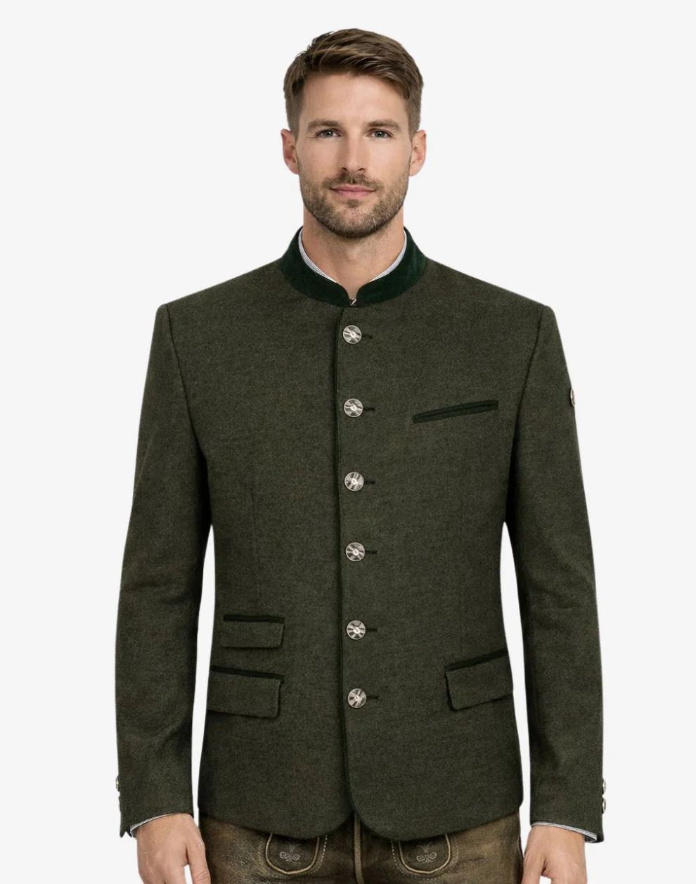 Man wearing a green jacket with buttons on a white background