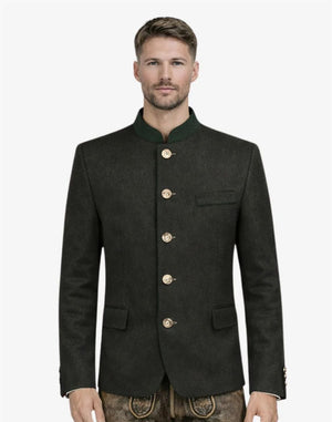 Man wearing a dark green jacket with buttons on a white background