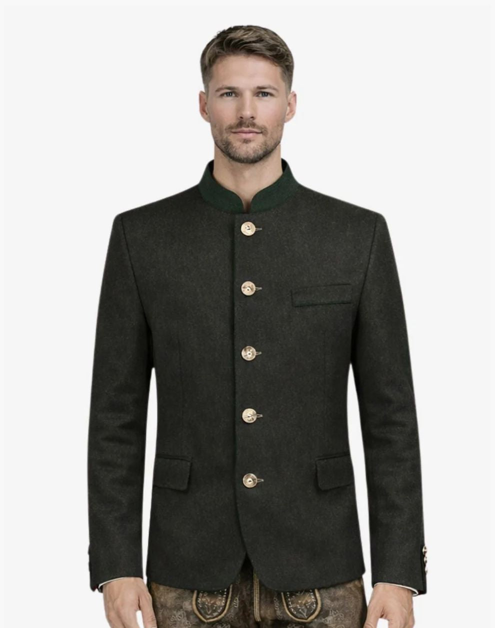 Man wearing a dark green jacket with buttons on a white background