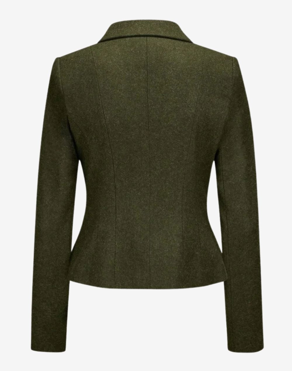 Back view of a women’s olive green tailored trachten-style jacket featuring a fitted waist, structured seams, long sleeves, and a classic Alpine-inspired design.