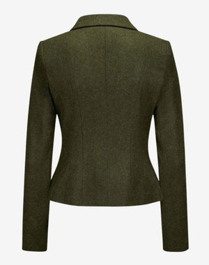Back view of a women’s olive green tailored trachten-style jacket featuring a fitted waist, structured seams, long sleeves, and a classic Alpine-inspired design.