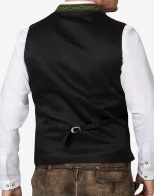 Back view of olive green wool Trachten vest with adjustable strap and classic Bavarian tailoring for a fitted silhouette.