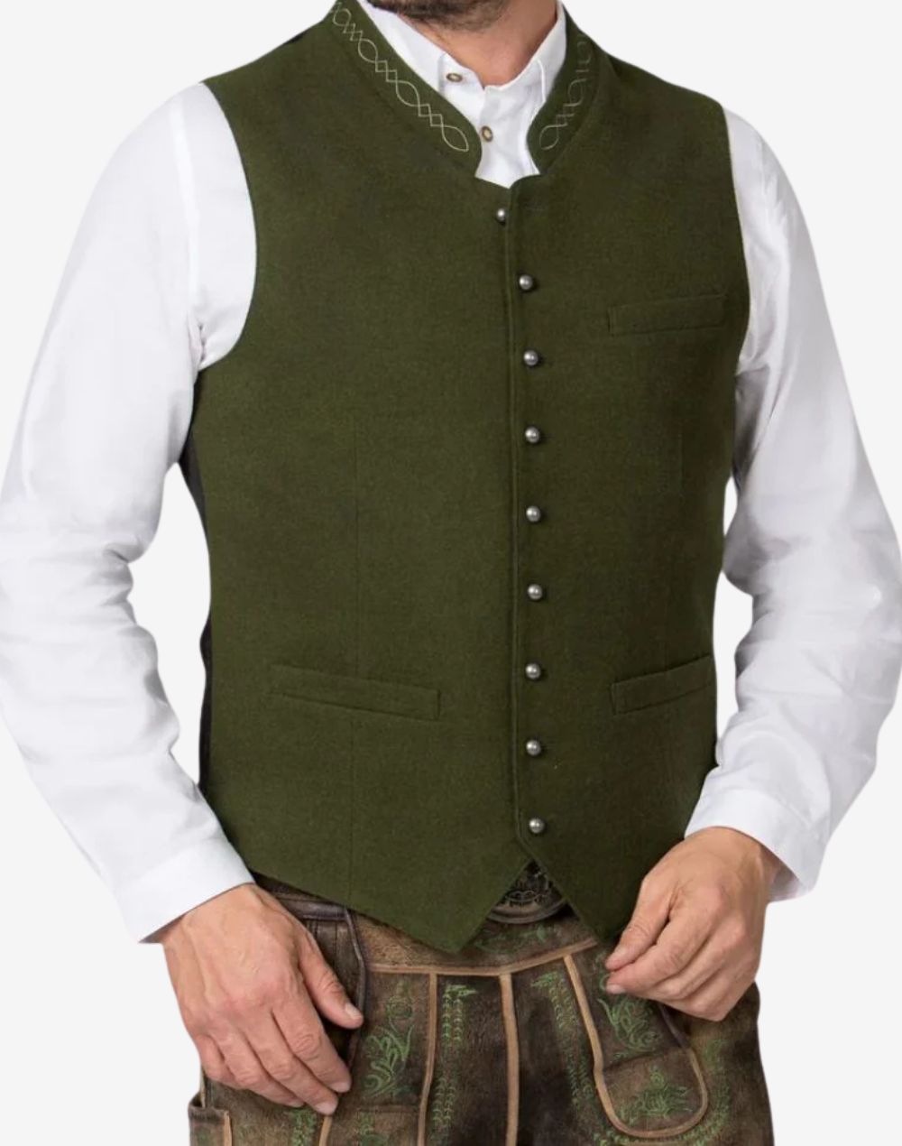 Angled close-up view of olive green wool Trachten vest highlighting textured fabric, decorative buttons, and embroidered collar detail.