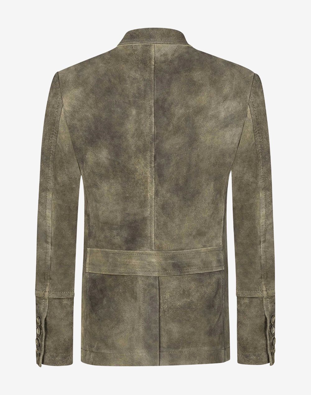 Back view of olive grey suede mens Trachten coat showcasing tailored fit, smooth suede finish, and traditional Alpine craftsmanship.