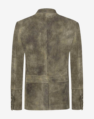 Back view of olive grey suede mens Trachten coat showcasing tailored fit, smooth suede finish, and traditional Alpine craftsmanship.