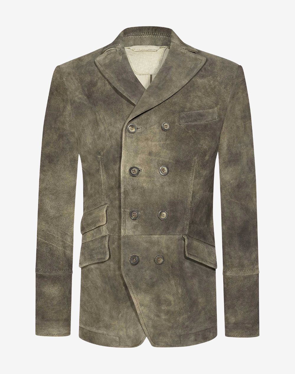 Front view of olive grey suede mens Trachten coat featuring double-breasted buttons, classic Bavarian design, and soft suede texture.