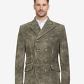 Model wearing olive grey suede mens Trachten coat with double-breasted style, traditional Bavarian outfit, and Oktoberfest-inspired look.