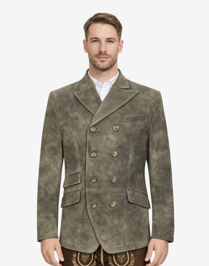 Model wearing olive grey suede mens Trachten coat with double-breasted style, traditional Bavarian outfit, and Oktoberfest-inspired look.