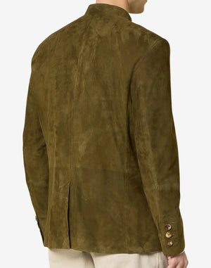 Back view of olive suede leather men’s Bavarian jacket on model, showcasing tailored fit, structured seams, and traditional Alpine styling.