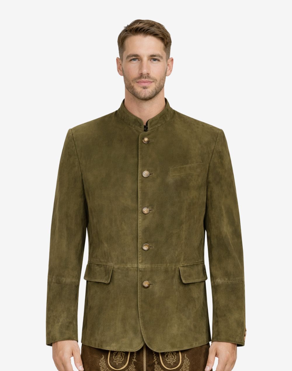 Model wearing olive suede leather men’s Bavarian jacket with traditional Trachten style, stand collar, button front, and classic Oktoberfest look.